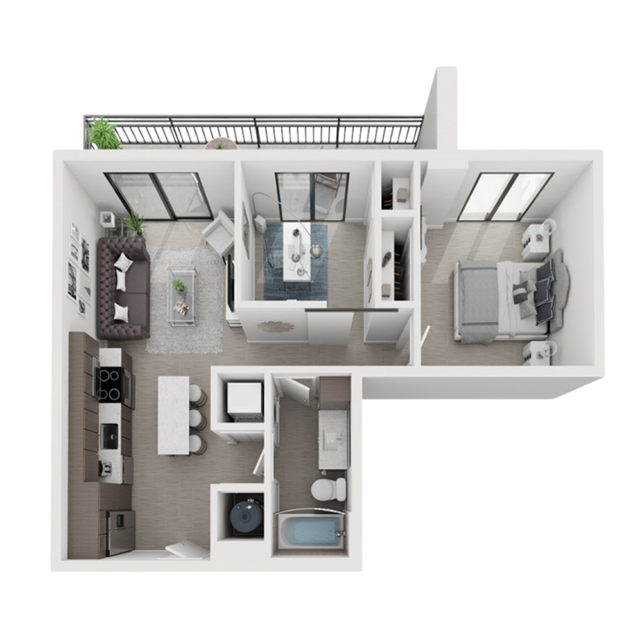 Rendering of the BA1 floor plan with 2 bedroom[s] and 1 bathroom[s] at Arte Grand Central Overtown