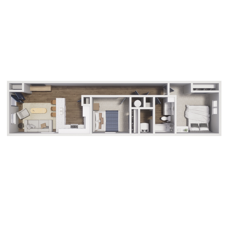 Rendering of the B1 floor plan with 2 bedroom[s] and 1 bathroom[s] at The Cottages at Woodmen Heights