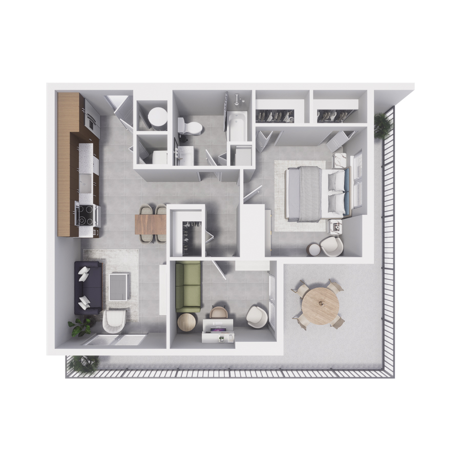 Rendering of the BA3 floor plan with 1 bedroom[s] and 1 bathroom[s] at Arte Grand Central Overtown