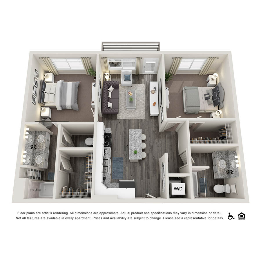 Rendering of the B3 floor plan with 2 bedroom[s] and 2 bathroom[s] at Copper 87