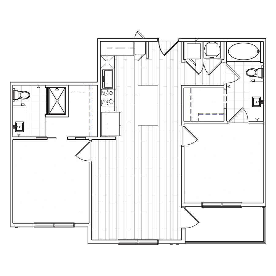 Rendering of the C1 floor plan with 2 bedroom[s] and 2 bathroom[s] at The Locale