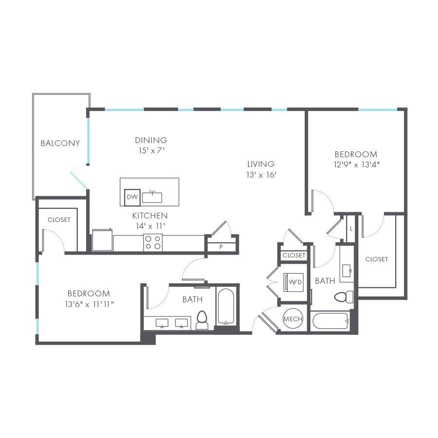 Rendering of the Guild floor plan with 2 bedroom[s] and 2 bathroom[s] at Arte Kansas City