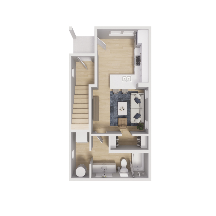 Rendering of the 0x1 - 422 sqft - S1 floor plan with a Studio bedroom and 1 bathroom[s] at Cottages at Aero Park