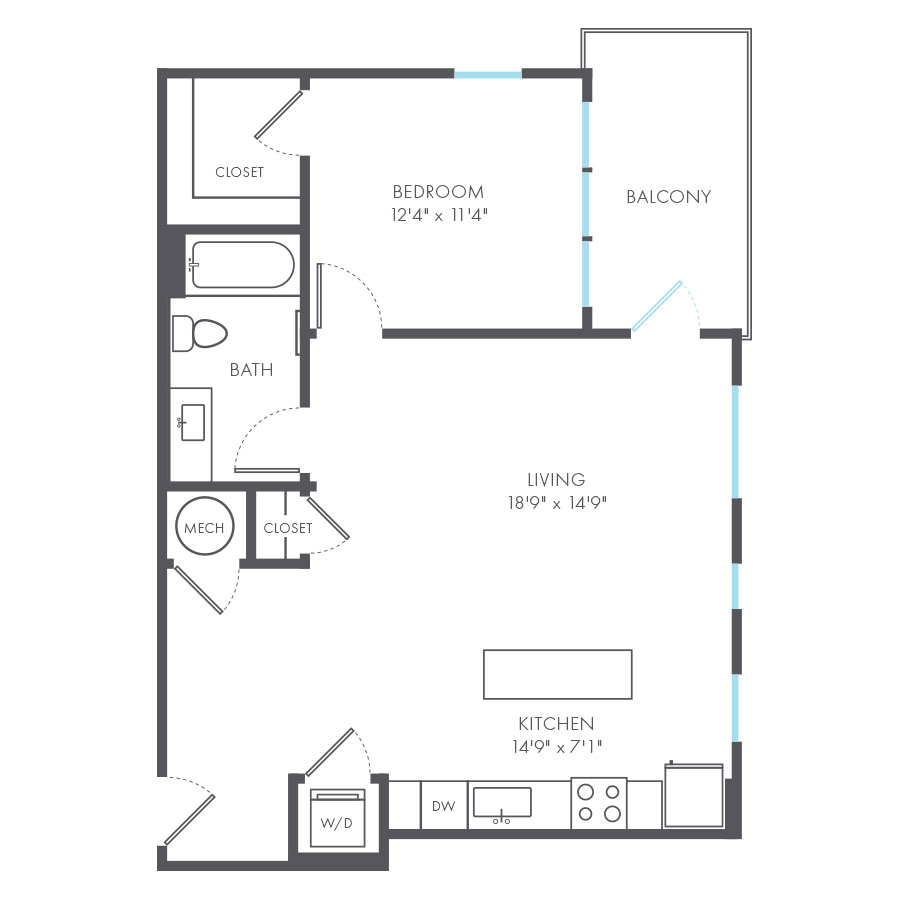 Rendering of the Escala floor plan with 1 bedroom[s] and 1 bathroom[s] at Arte Kansas City