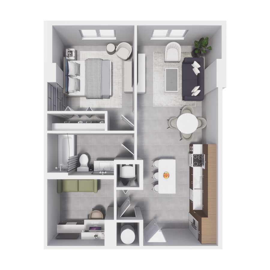 Rendering of the A15D floor plan with 1 bedroom[s] and 1 bathroom[s] at Arte Grand Central Overtown