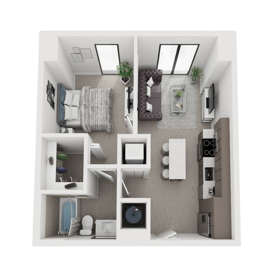 Rendering of the A2 floor plan with 1 bedroom[s] and 1 bathroom[s] at Arte Grand Central Overtown