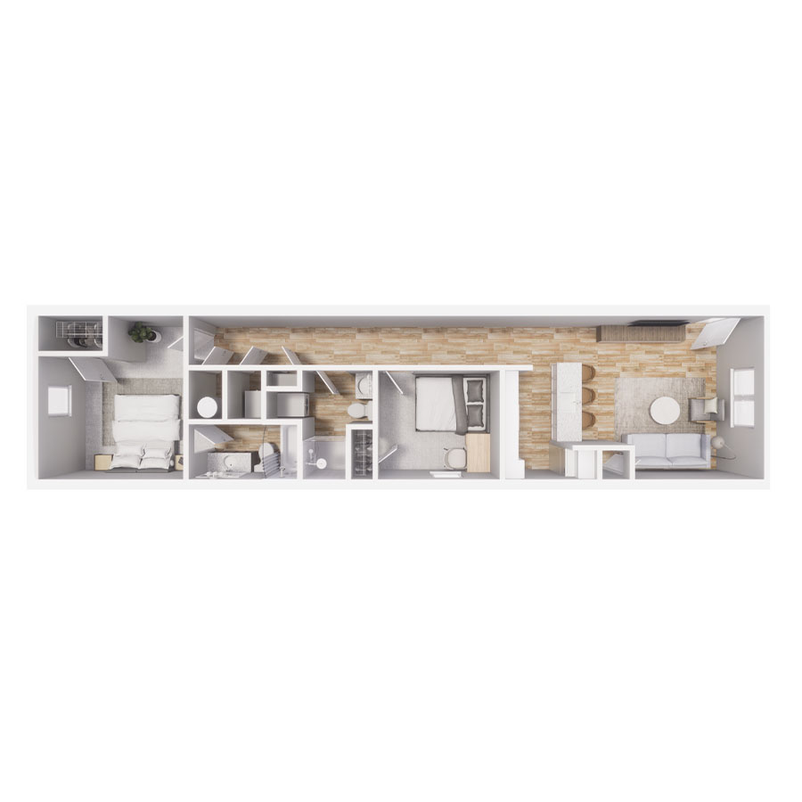 Rendering of the B3 floor plan with 2 bedroom[s] and 2 bathroom[s] at Cottages at Jetwing