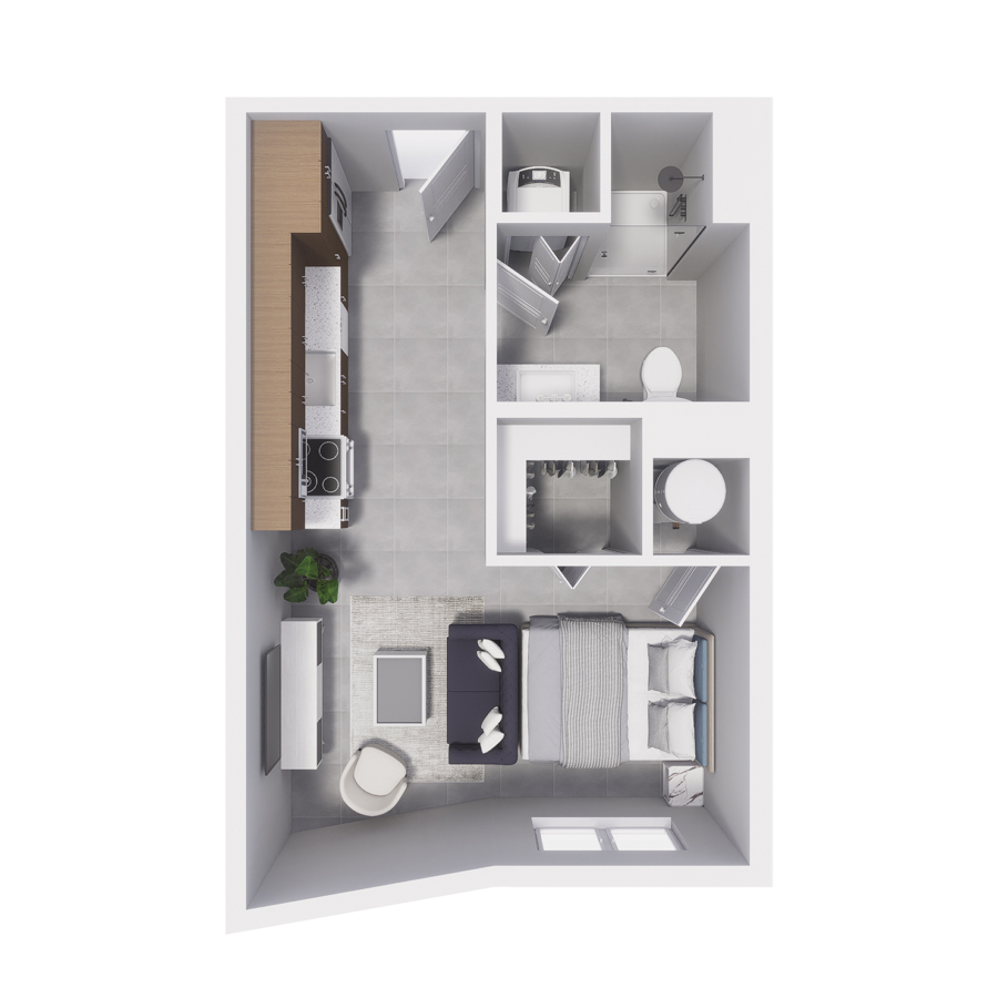 Rendering of the S4 floor plan with a Studio bedroom and 1 bathroom[s] at Arte Grand Central Overtown