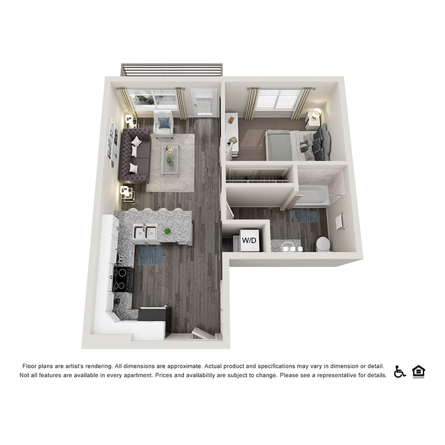Rendering of the A2 floor plan with 1 bedroom[s] and 1 bathroom[s] at Copper 87