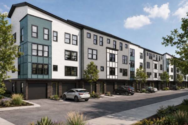 Rendering of the Row at Riverbed townhomes exterior with ample parking and lush landscaping.