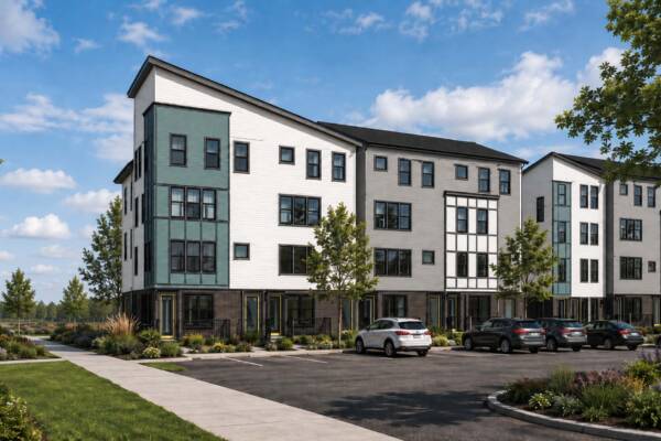 Rendering of the Row at Riverbed townhomes exterior with ample parking and lush landscaping.