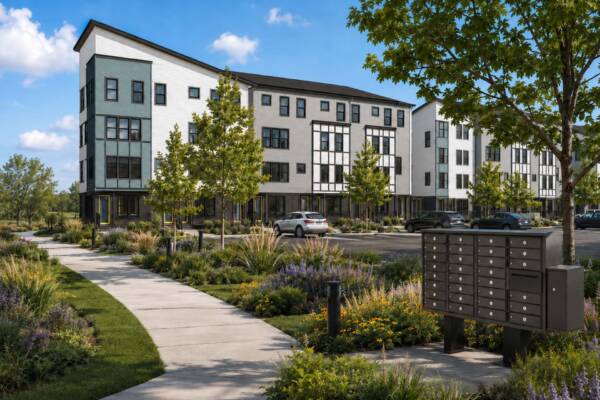 Rendering of the Row at Riverbed townhomes exterior with ample parking and mail boxes.