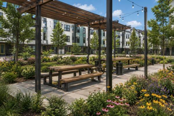 Rendering of the Row at Riverbed townhomes picnic area with tables and pergolas.