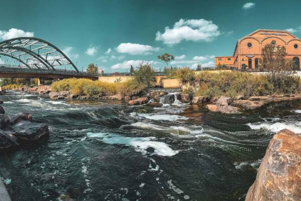 REI flagship store and the South Platte River in Denver, Colorado.