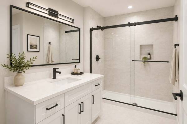 Rendering of the Row at Riverbed townhome bathroom with tile floor and glass wall shower.