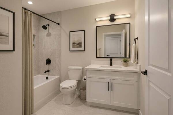 Rendering of the Row at Riverbed townhome bathroom with tile floor and shower tub.