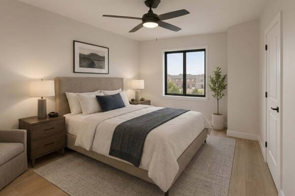 Rendering of the Row at Riverbed townhome bedroom with plush bed and large windows.