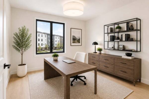 Rendering of the Row at Riverbed townhome office with desk and large window.
