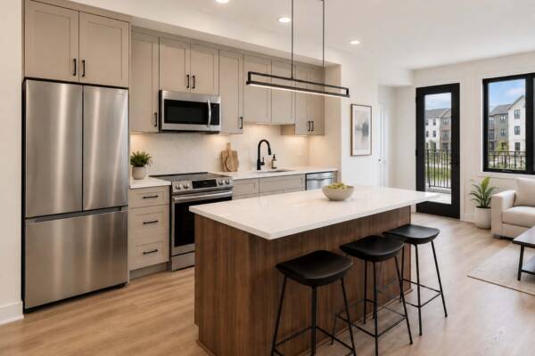 Rendering of the Row at Riverbed townhome kitchen with wood style floor and stainless steel appliances.