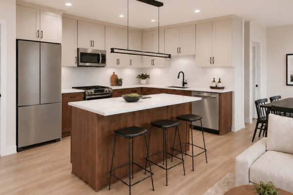 Rendering of the Row at Riverbed townhome kitchen with wood style floor and stainless steel appliances.