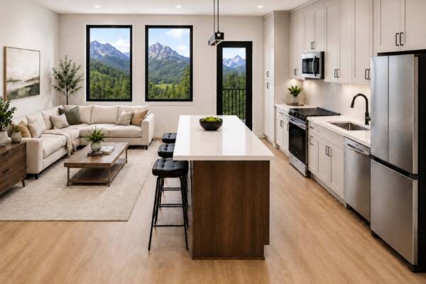 Rendering of the Row at Riverbed townhome kitchen with wood style floor and stainless steel appliance.