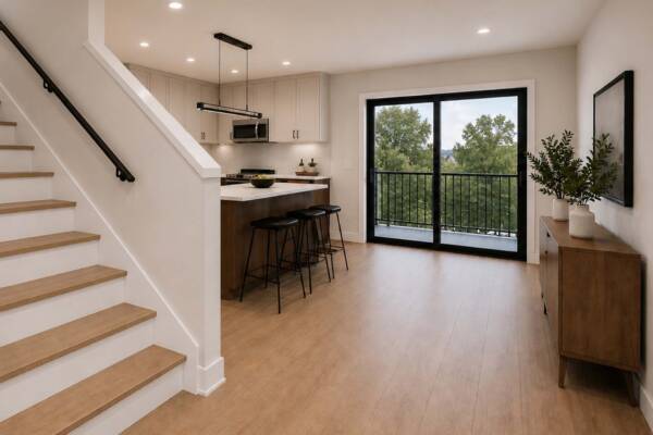 Rendering of the Row at Riverbed townhome living area with stairs and modern kitchen.