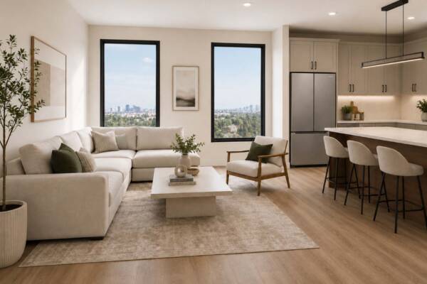 Rendering of the Row at Riverbed townhome living room with plush seating and large windows.