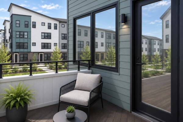 Rendering of the Row at Riverbed townhome balcony with plush outdoor chair.