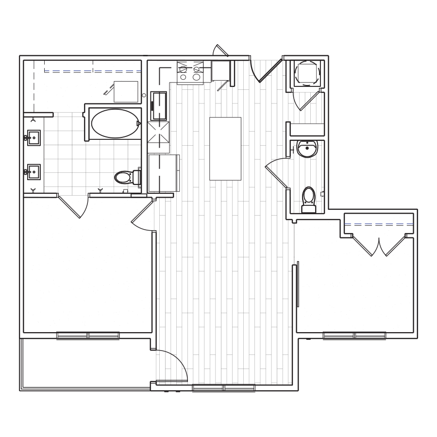 Rendering of the B1 floor plan with 1 bedroom[s] and 1.5 bathroom[s] at The Locale