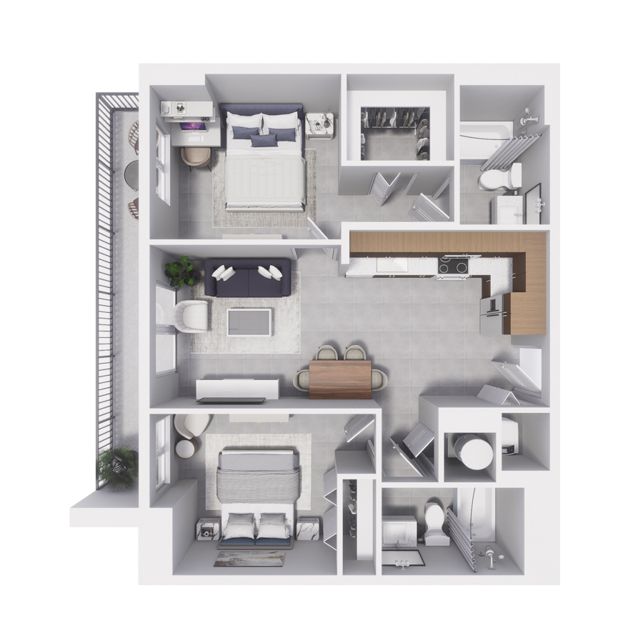 Rendering of the B2 floor plan with 2 bedroom[s] and 2 bathroom[s] at Arte Grand Central Overtown