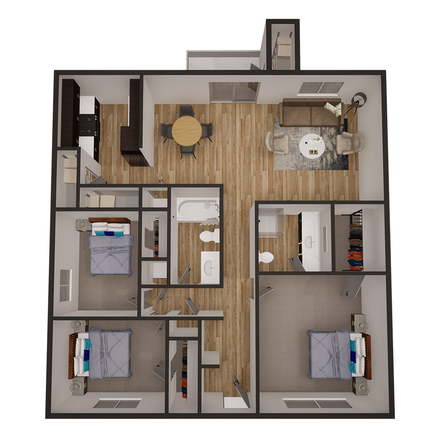 Rendering of the 3x2 1444 sqft - Renovated floor plan with 3 bedroom[s] and 2 bathroom[s] at Latitude