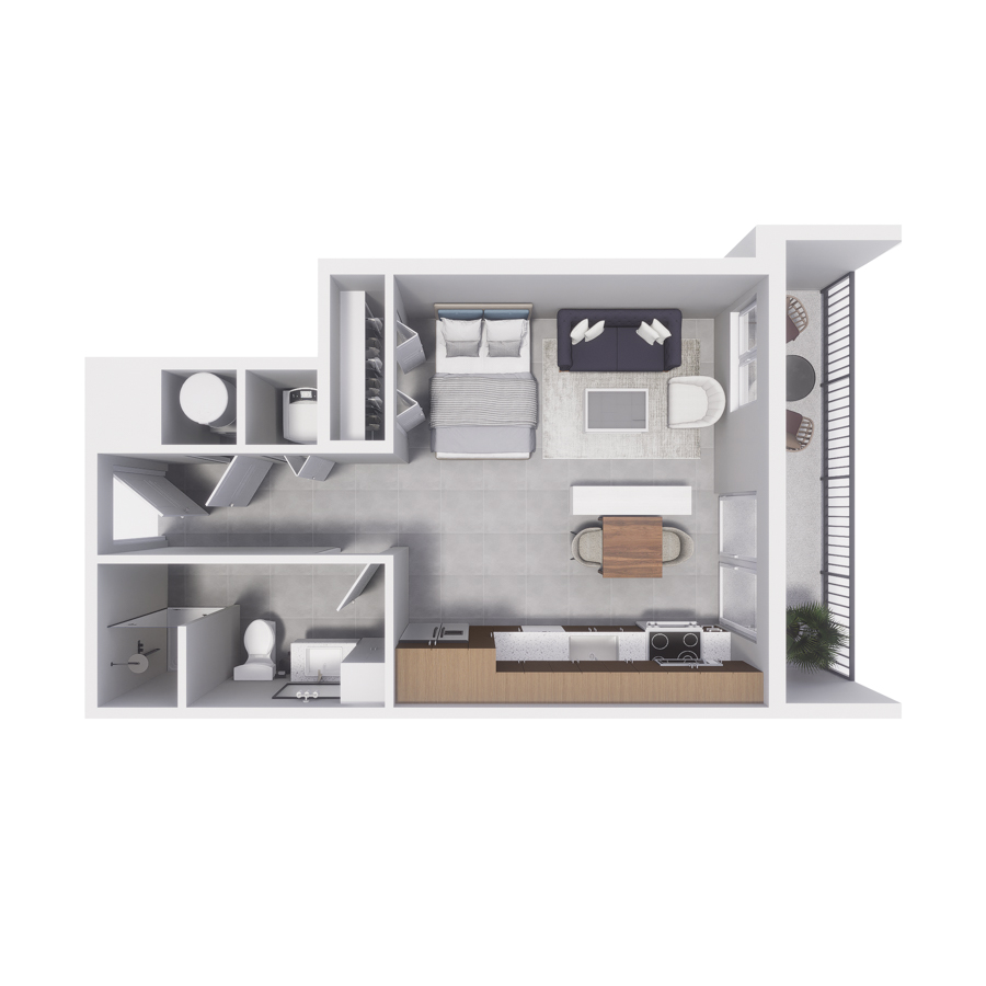 Rendering of the S12 floor plan with a Studio bedroom and 1 bathroom[s] at Arte Grand Central Overtown