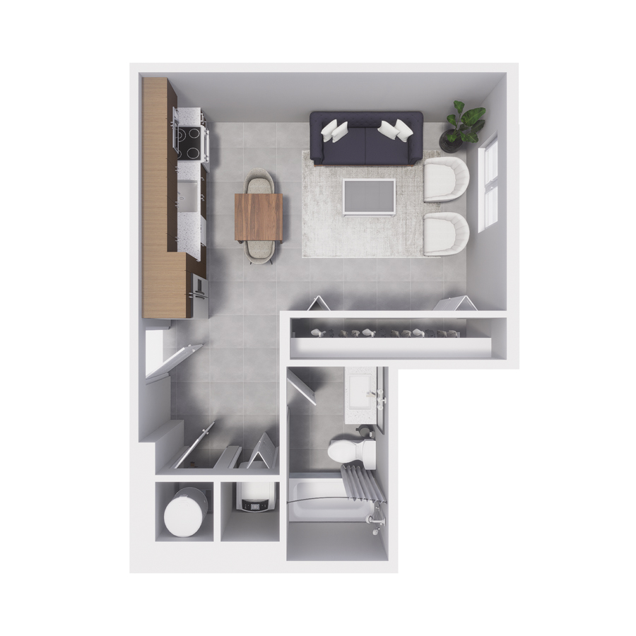 Rendering of the S7 floor plan with a Studio bedroom and 1 bathroom[s] at Arte Grand Central Overtown