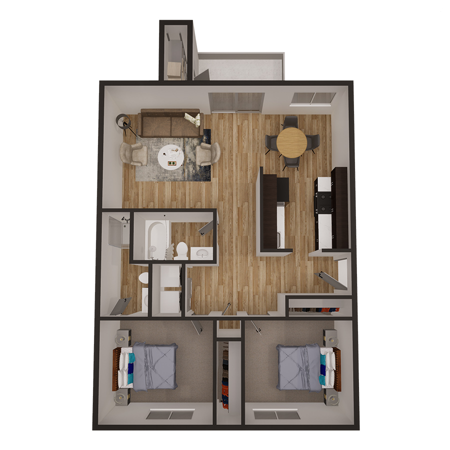 Rendering of the 2x2 910 sqft - Renovated floor plan with 2 bedroom[s] and 2 bathroom[s] at Latitude