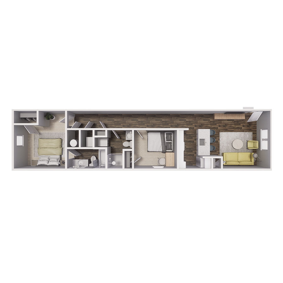Rendering of the B2 floor plan with 2 bedroom[s] and 2 bathroom[s] at Cottages at Sand Creek