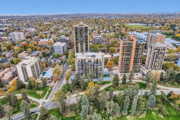 Aerial view of Park Cheesman apartments in Denver.