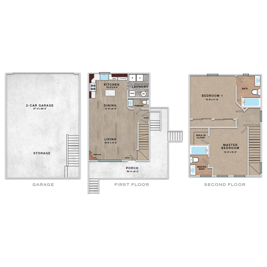 Rendering of the 2x2.5 - 1120 sqft - SB1 floor plan with 2 bedroom[s] and 2.5 bathroom[s] at Enclave Rigden Farm